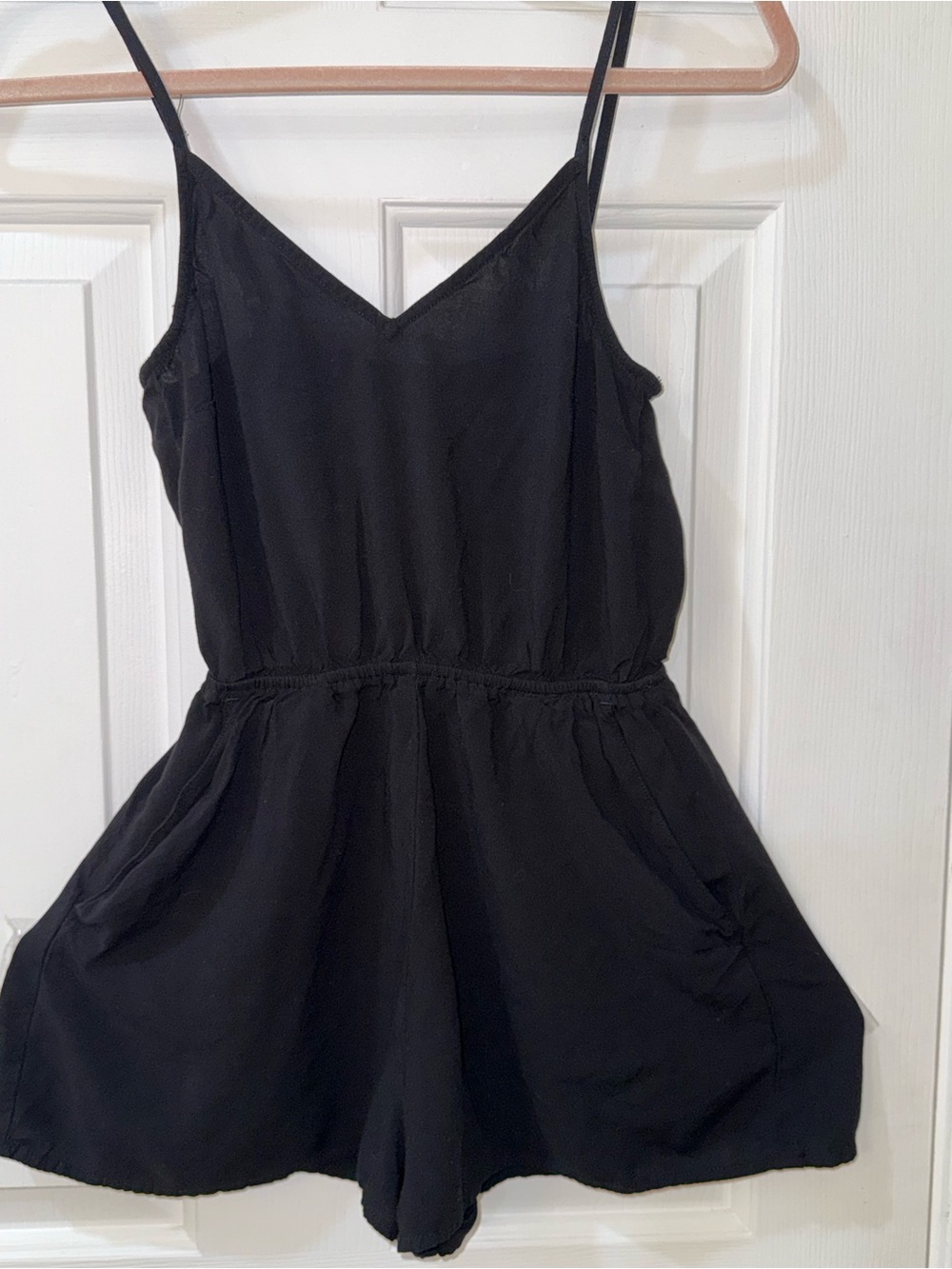 Divided Black Spaghetti-Strap One-Piece Romper